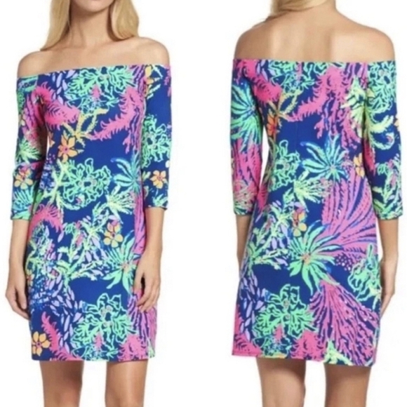 Lilly Pulitzer Laurana Off The Shoulder Dress Indigo All A Glow Women's Small - Picture 1 of 7